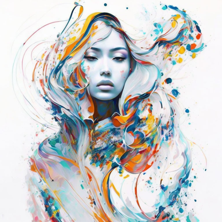 Vibrant digital artwork: Woman with flowing hair in abstract blue, orange, and white swirls