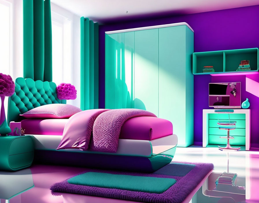 Colorful Interior: Teal Wardrobe, Purple Walls, Pink Bed, Glossy Floor