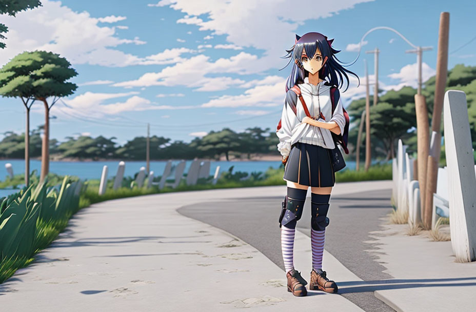 Animated girl in black hair and white/blue outfit on riverside path