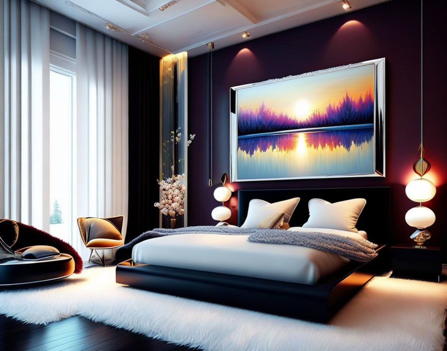 Luxurious Bedroom with Deep Purple Wall and Modern Art Piece