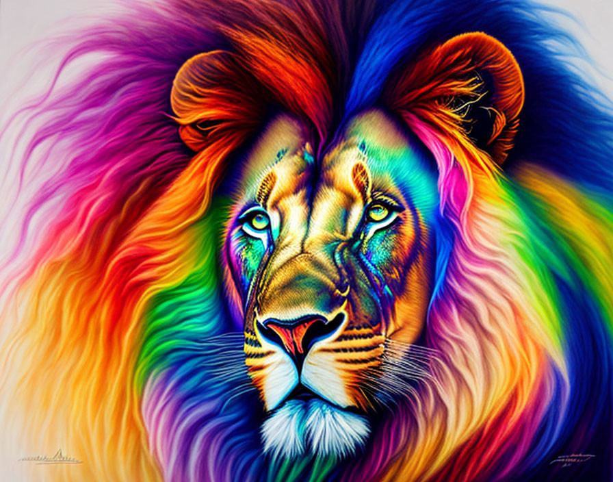 Colorful lion artwork with rainbow mane and blue eyes.