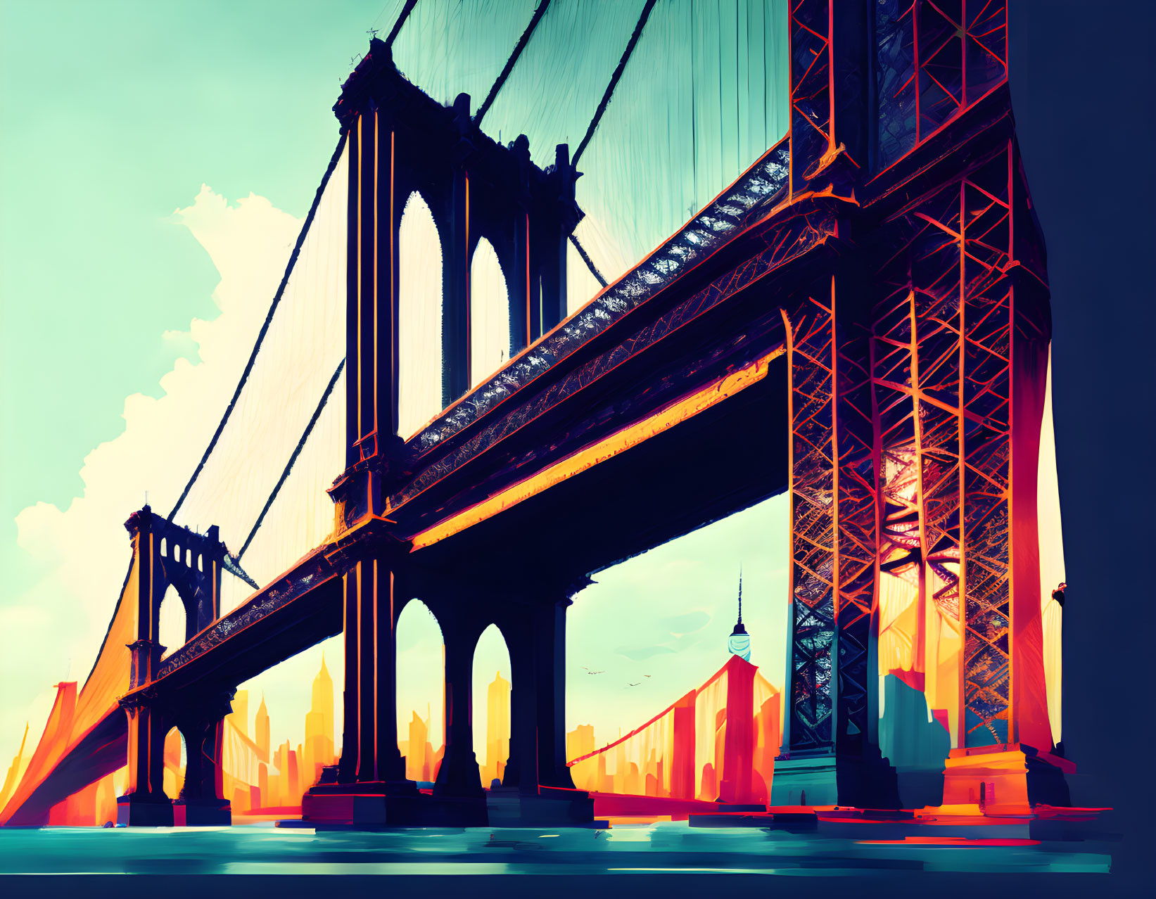 Illustration of suspension bridge with city skyline and vibrant sky