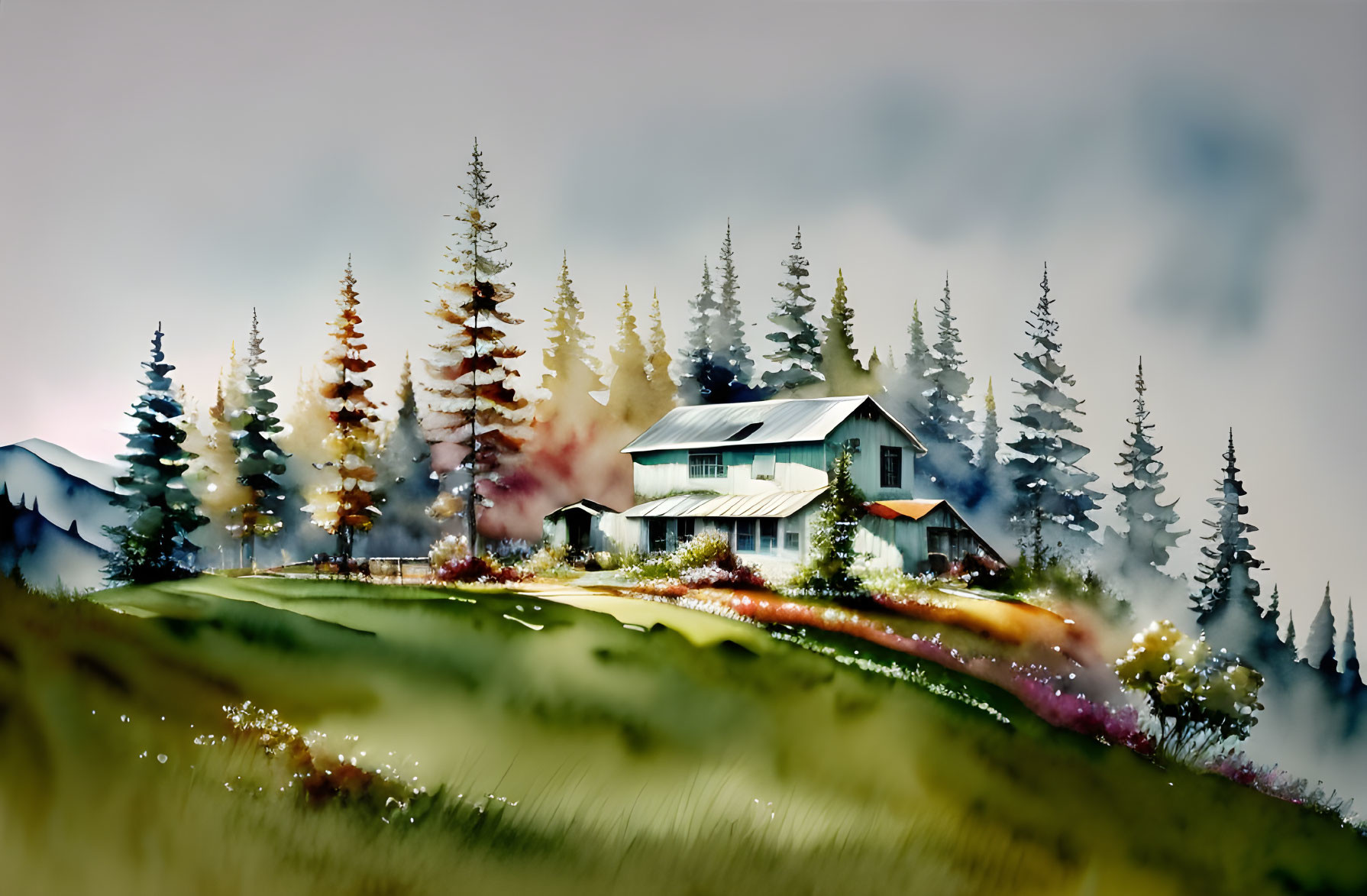 Serene watercolor landscape with cozy house and misty trees