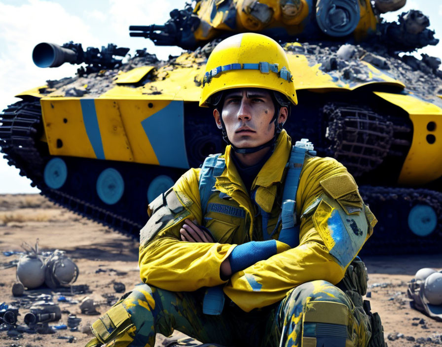 Person in Yellow Futuristic Armor with Arms Crossed by Yellow and Blue Tank