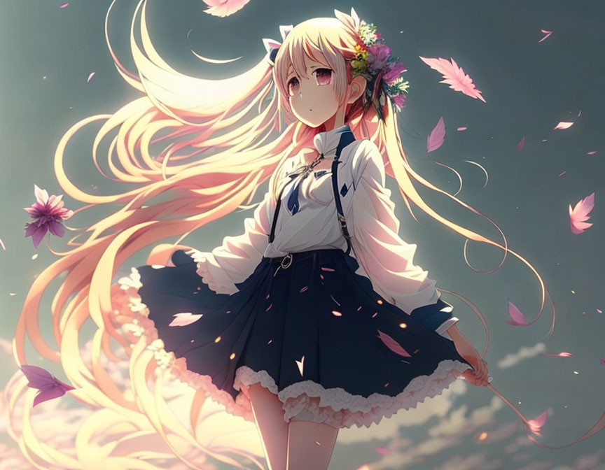 Blonde anime girl with floral hair in white blouse and black skirt