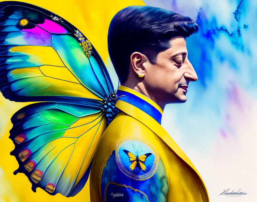 Colorful Artwork: Person with Butterfly Wing on Abstract Background