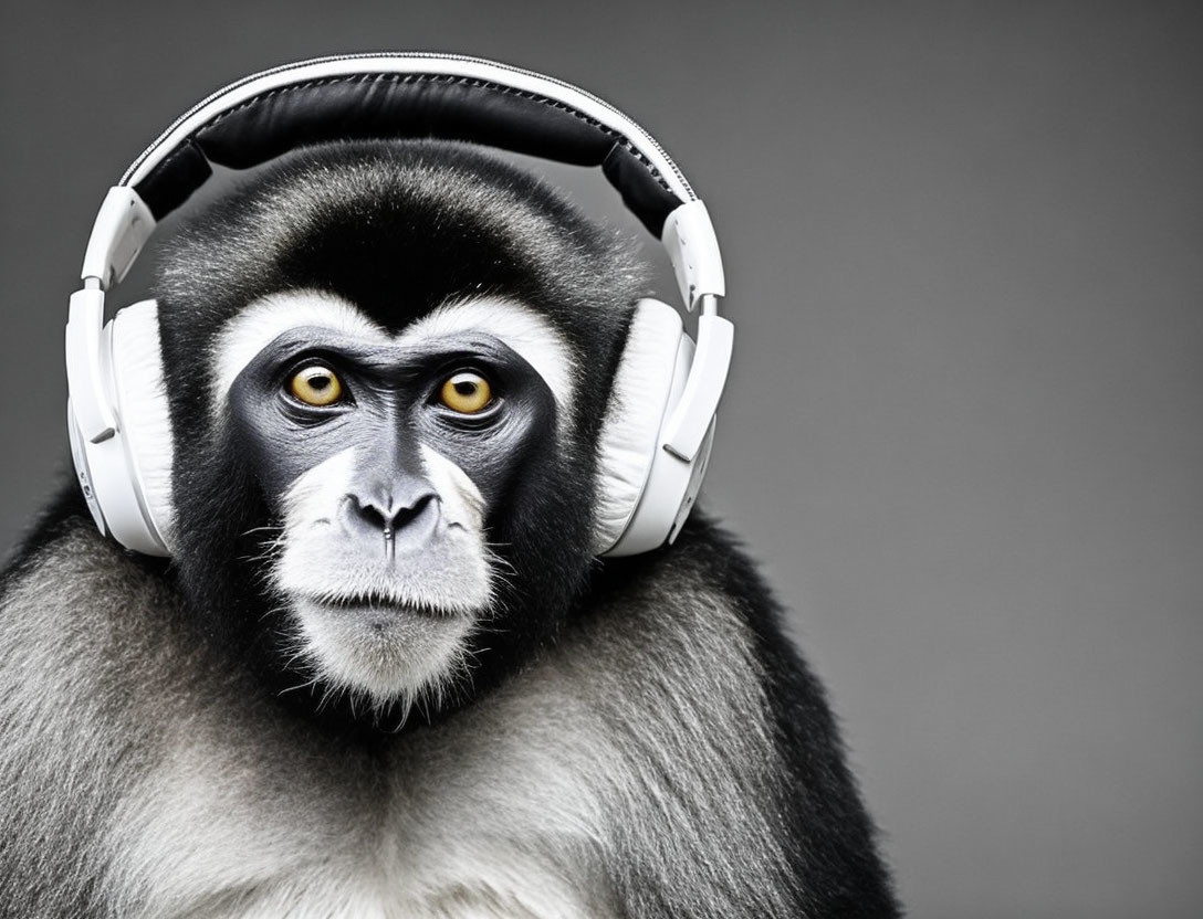 Black and White Monkey with Yellow Eyes and Headphones on Grey Background