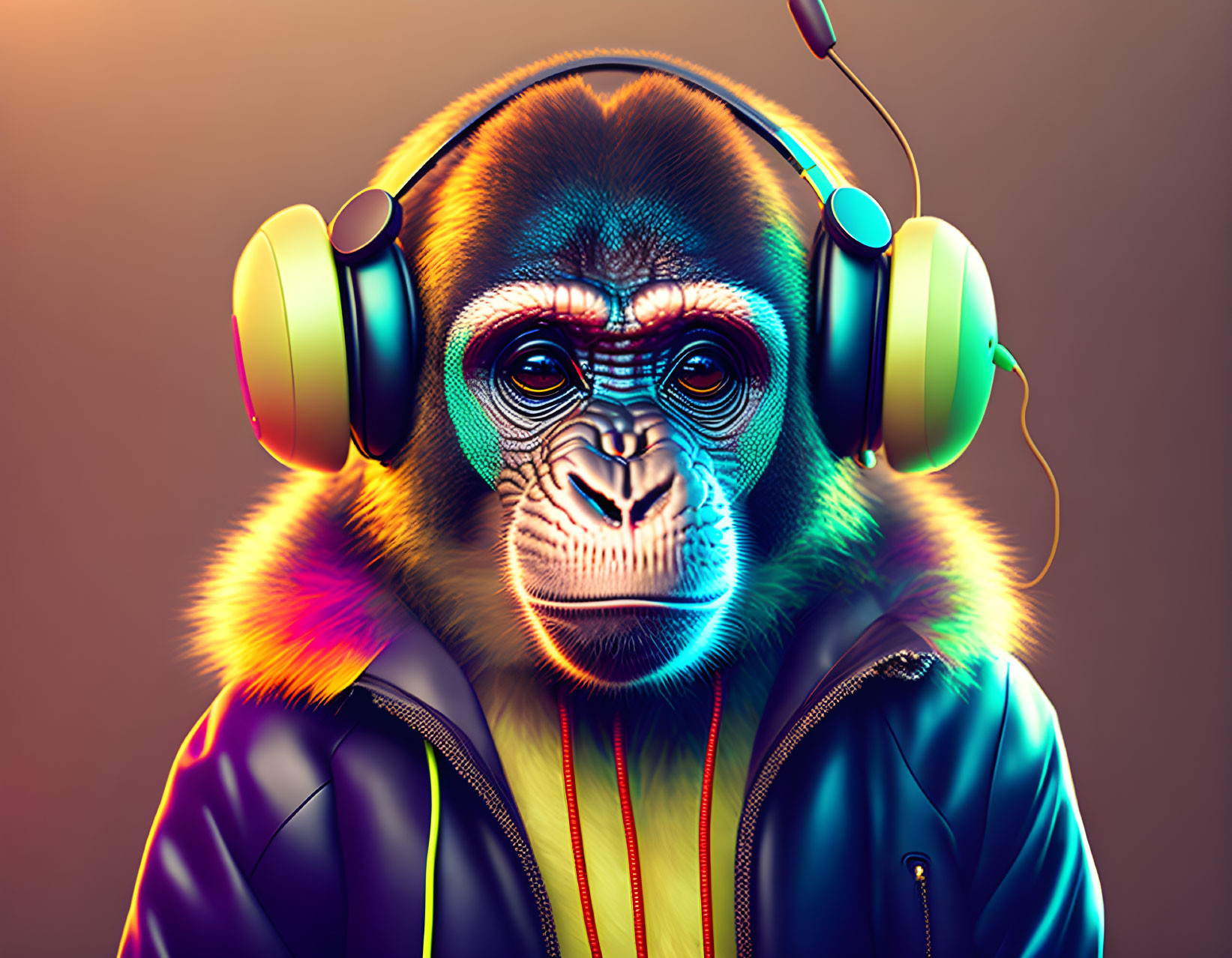 Colorful Monkey Artwork with Headphones and Stylish Jacket on Muted Background