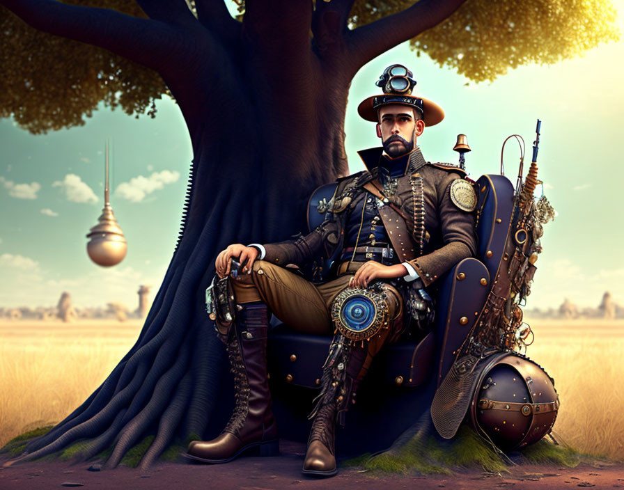 Steampunk-clad man under tree with futuristic cityscape and gadgets.