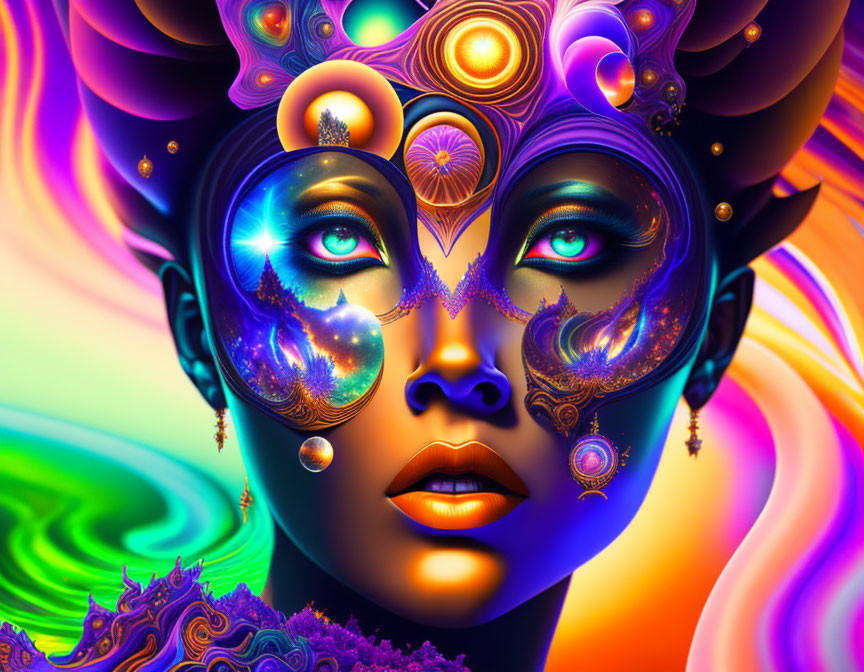 Colorful digital artwork featuring a psychedelic woman with intricate jewelry and surreal elements