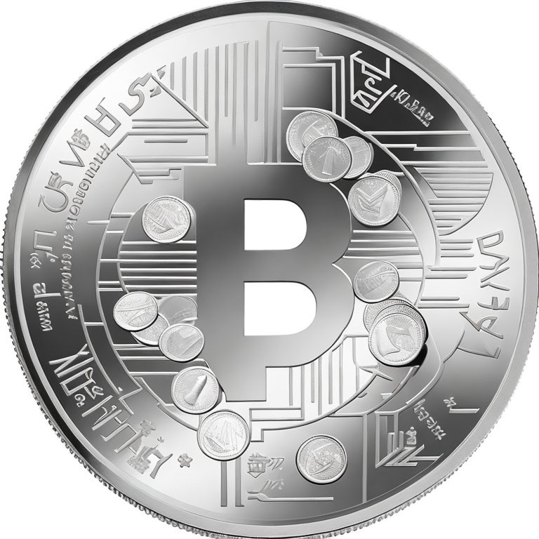 Silver Bitcoin-themed coin with circuit board design and global currency symbols