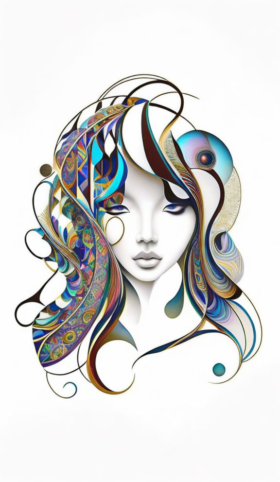 Colorful Abstract Woman's Face with Flowing Hair on White Background