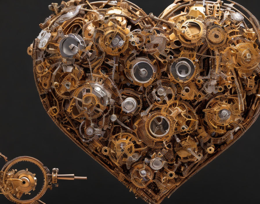 Heart-shaped metallic gear sculpture on black background