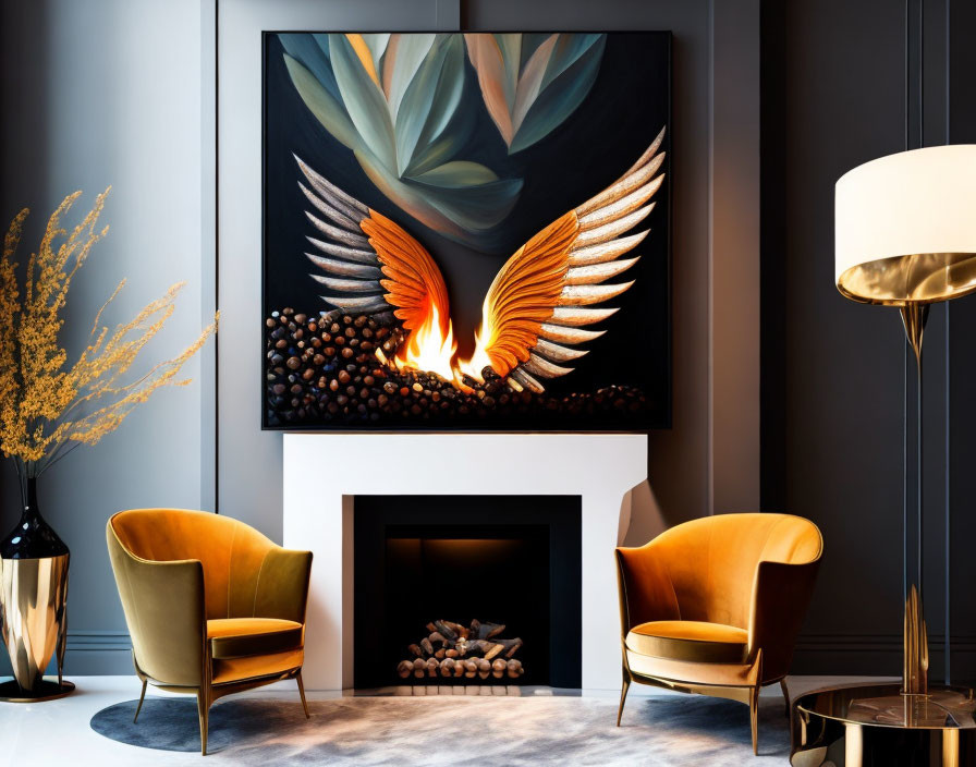 Contemporary living room with fireplace, bird painting, yellow armchairs, lamp, and foliage