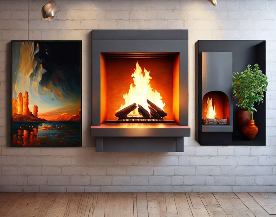 Warm Fireplace in Cozy Room with Paintings and Potted Plant