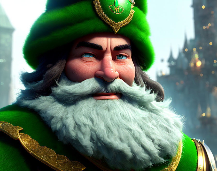 Detailed 3D-rendered character with white beard and green attire in front of castle