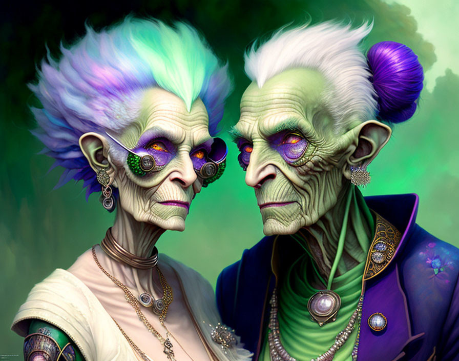 Elderly fantasy characters with green skin and purple hair in stylish attire