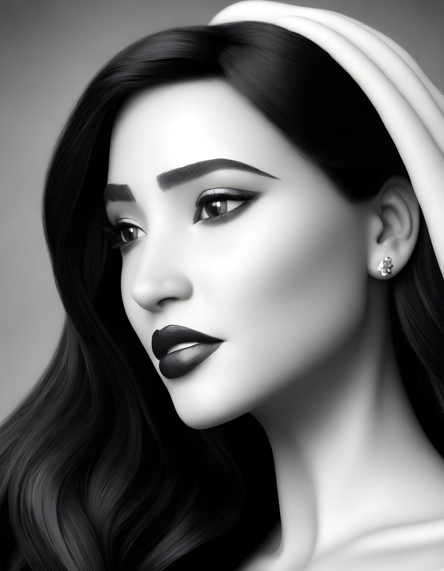 Monochrome portrait of woman with serene expression and dark lipstick