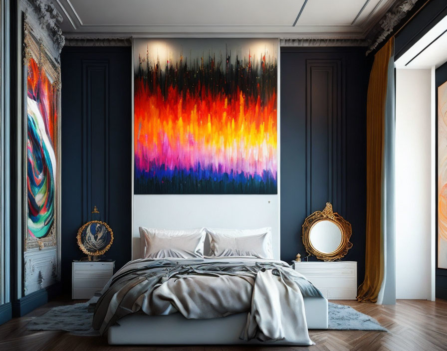 Modern Bedroom with Large Abstract Painting and Classic Blue Walls