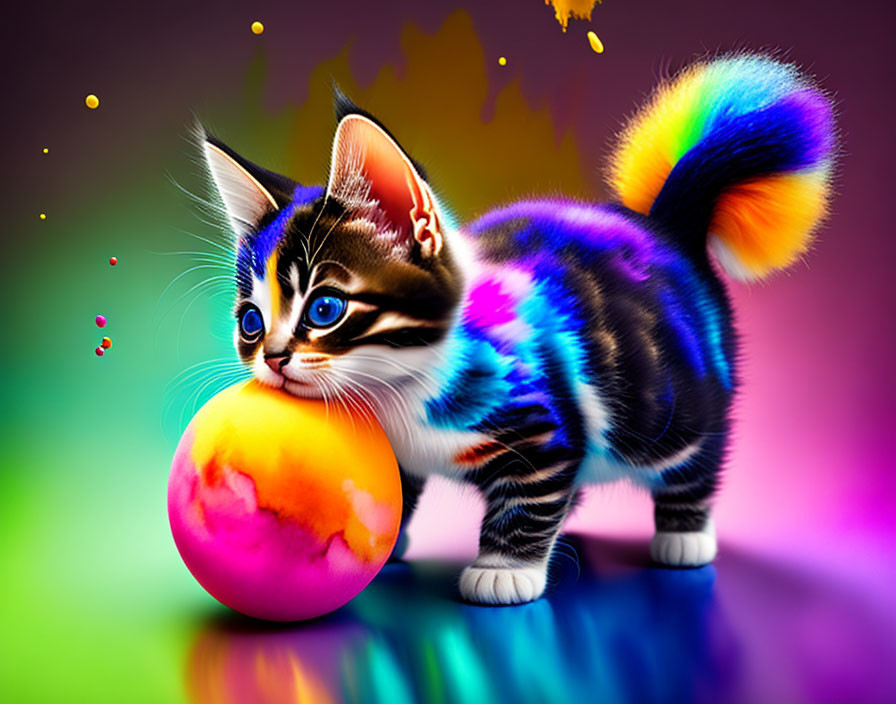 Colorful Kitten with Digitally-Altered Fur Playing with Bright Ball