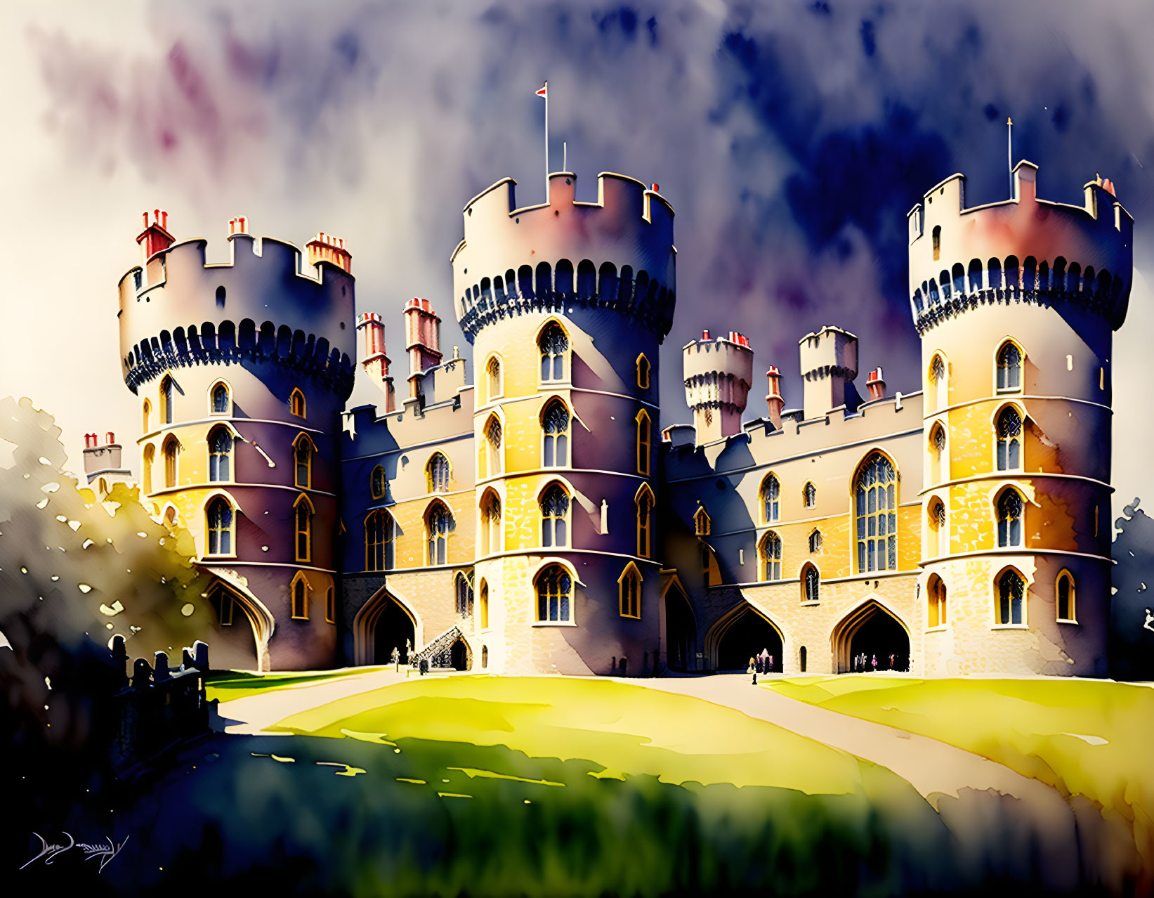 Medieval-style castle illustration with turrets and arched doorways