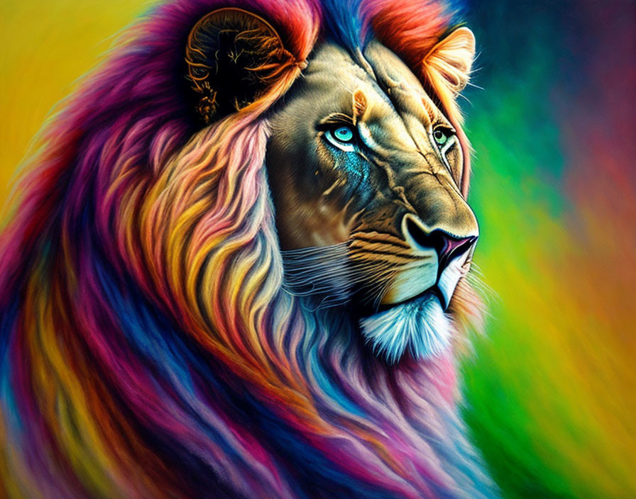 Colorful Lion Portrait Against Rainbow Background