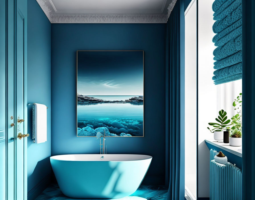 Standalone Bathtub in Vibrant Blue Bathroom