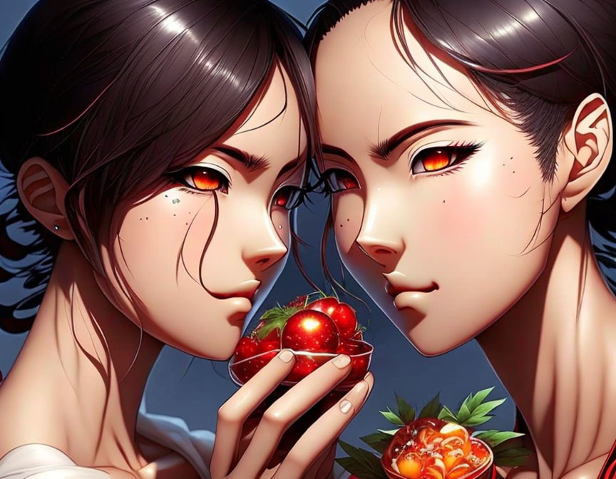 Anime-style female characters with red eyes holding strawberries in mysterious aura