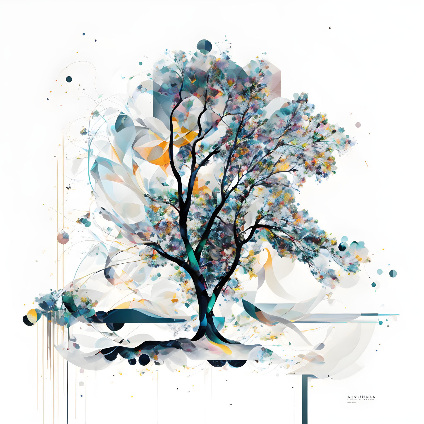 Colorful abstract tree art with geometric patterns on white background