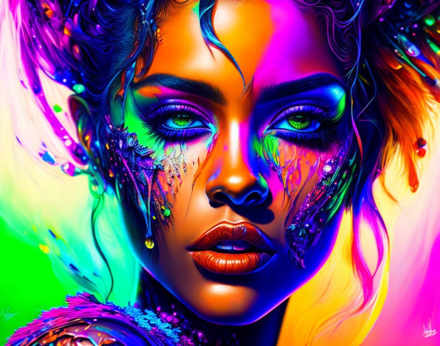 Colorful digital portrait of a woman with fantasy makeup and feather-like details.