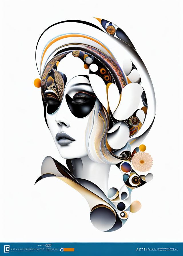 Stylized female figure with abstract elements in monochrome and orange palette