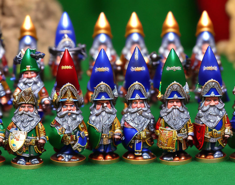 Colorful Miniature Fantasy Wizards and Knights in Soft-Focused Background