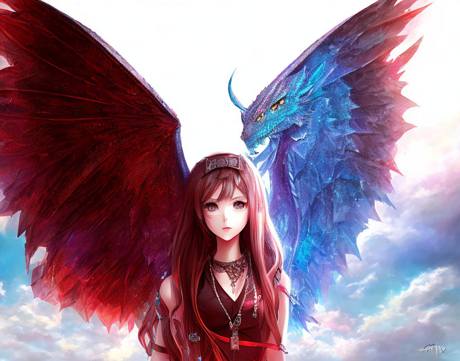 Anime-style illustration of girl and dragon with matching red wings in dreamy sky.