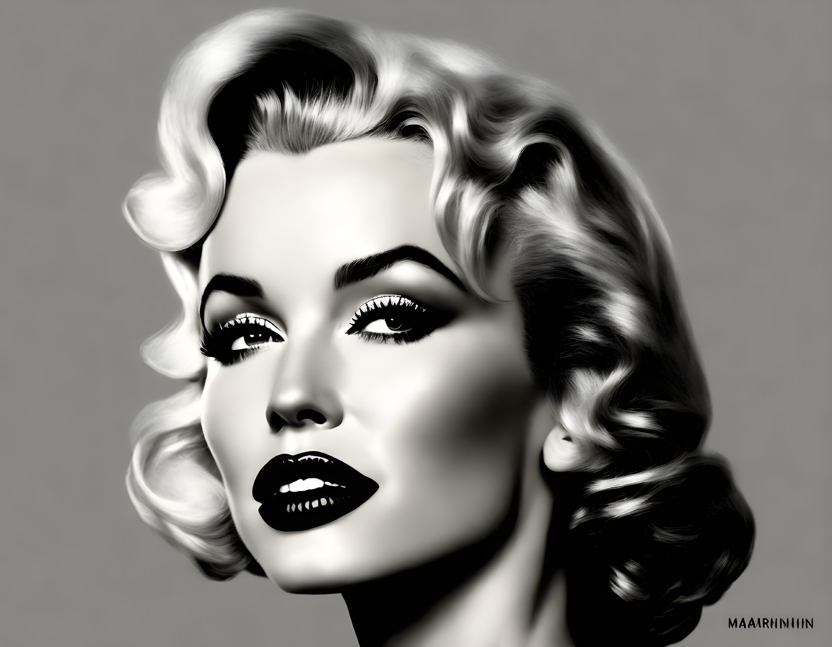 Monochromatic digital artwork of a glamorous woman with classic Hollywood features