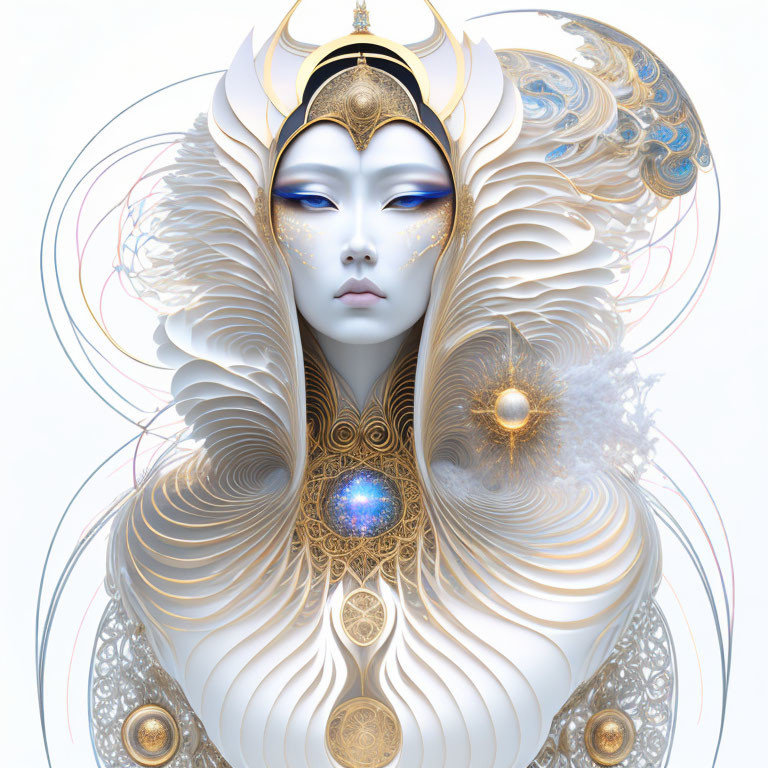 Ethereal figure with white and gold headgear and celestial motifs