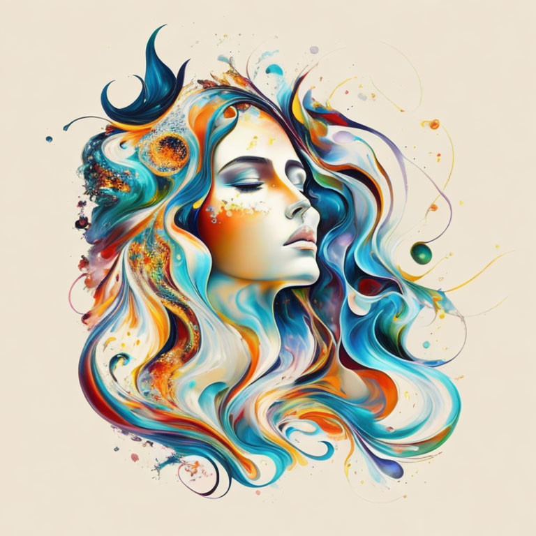 Colorful Abstract Illustration of Woman with Flowing Hair