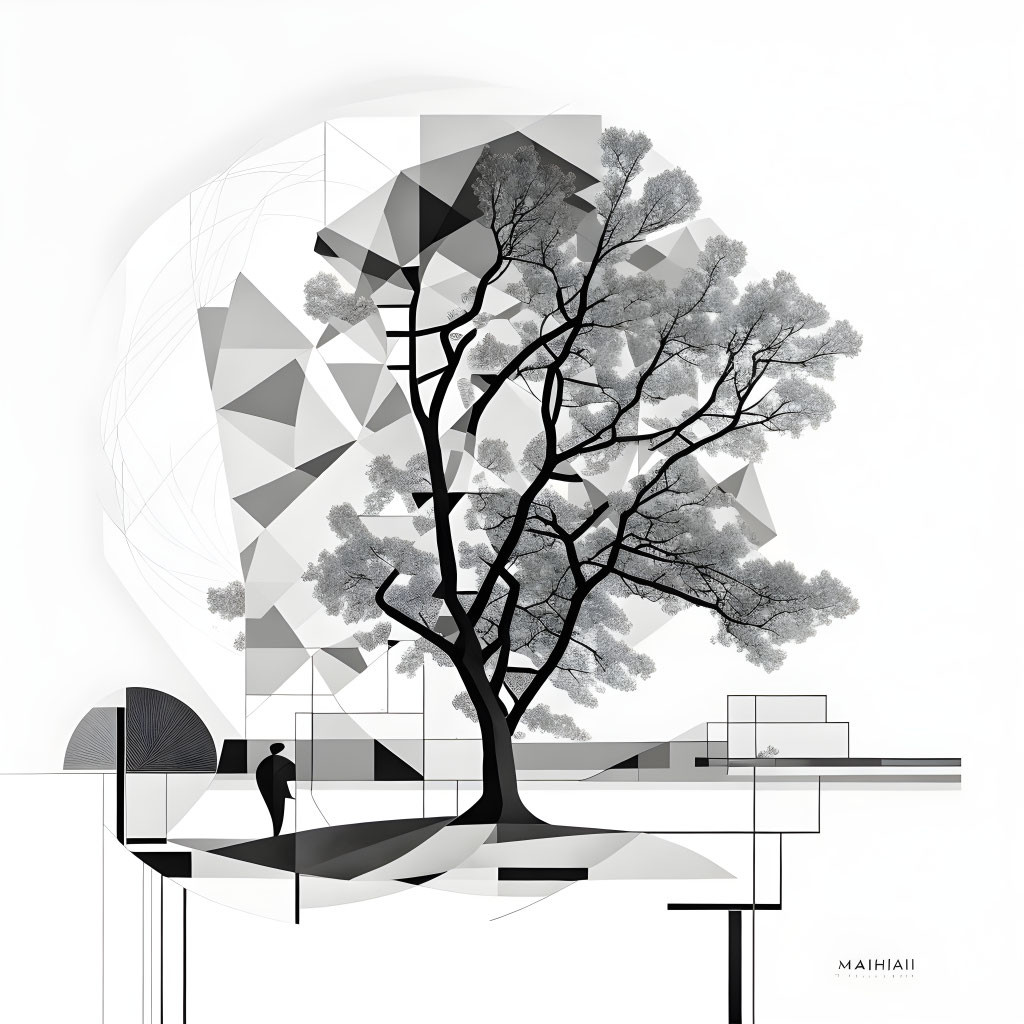 Monochrome art: Figure under geometric tree with abstract architecture