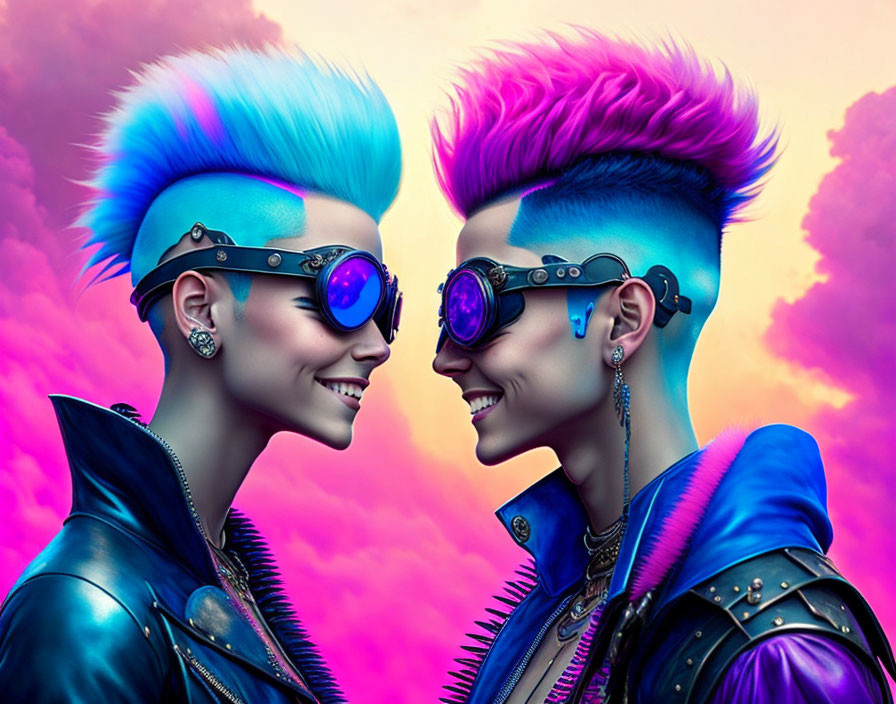 Vibrant mohawked duo in futuristic goggles on colorful backdrop