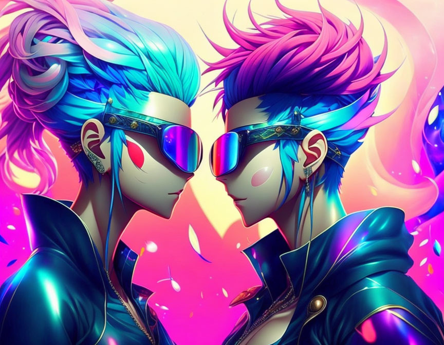 Vibrant characters with blue hair and sunglasses in neon-lit setting