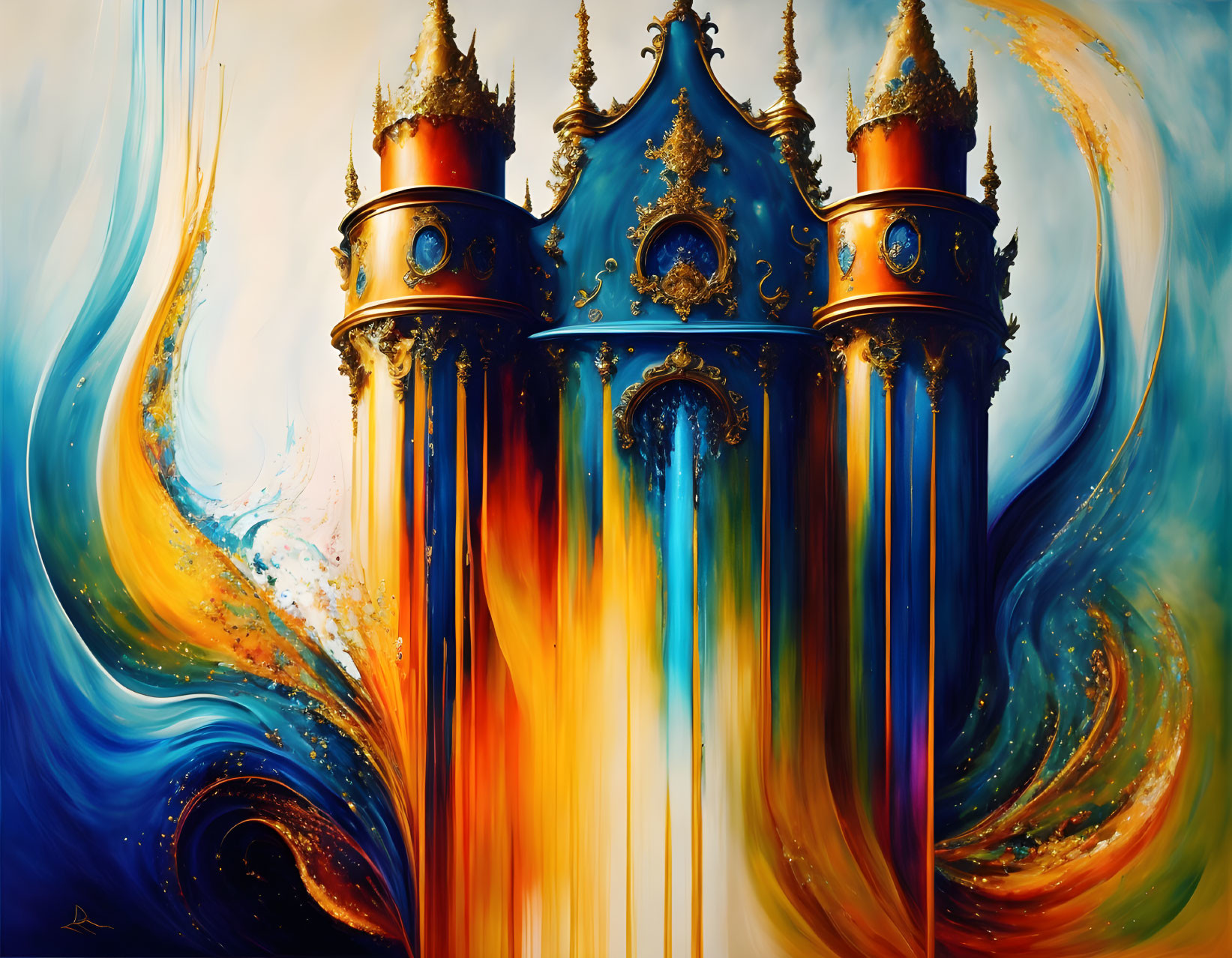 Colorful Abstract Painting of Crown-Like Structure on Swirling Background