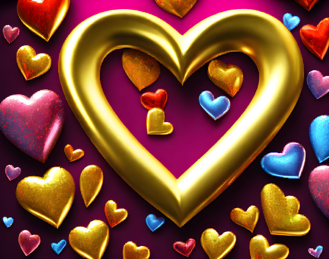 Colorful Hearts Collection on Pink Background with Gold Heart