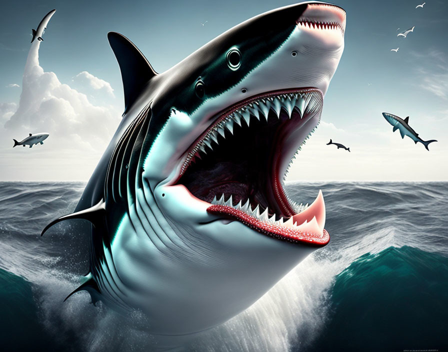 Digital artwork: Great white shark leaping from ocean with open mouth surrounded by seabirds & sharks