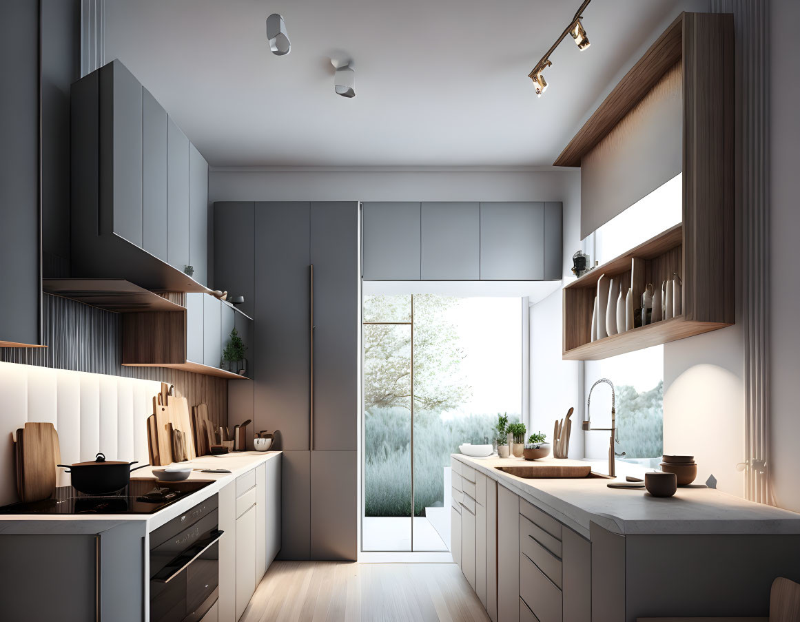 Contemporary Kitchen with Gray Cabinets and Wood Accents