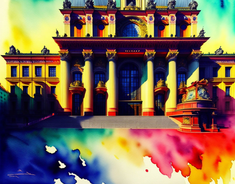 Digitally altered image of grand building with rainbow colors and melting effect