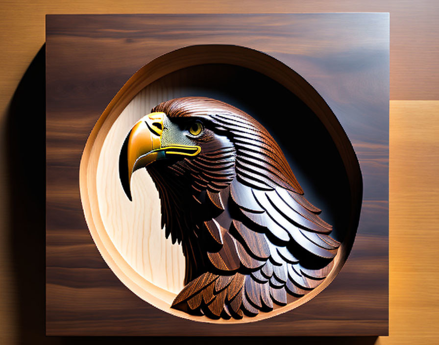 Wooden eagle carving with yellow beak in circular frame on wood-grain background