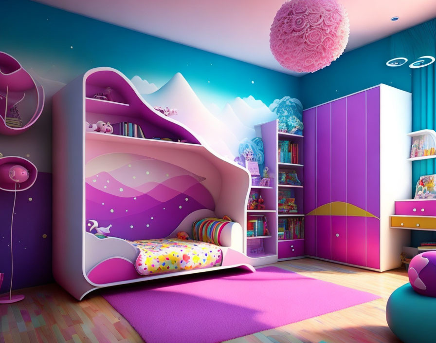 Colorful Children's Bedroom with Wave-Shaped Bed and Cozy Reading Nook