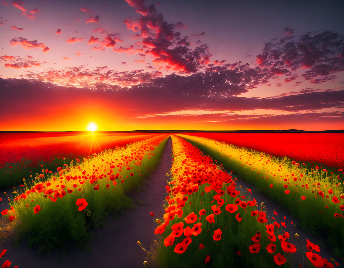 Dramatic sunset sky over vibrant red poppy field with sunburst and pathway