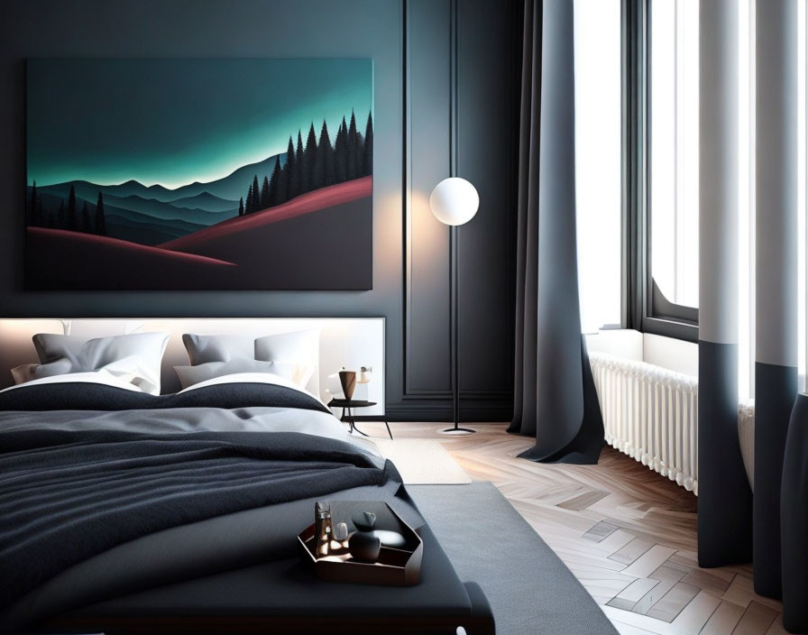 Contemporary bedroom with large landscape painting, black bedding, floor lamp, herringbone wood floor