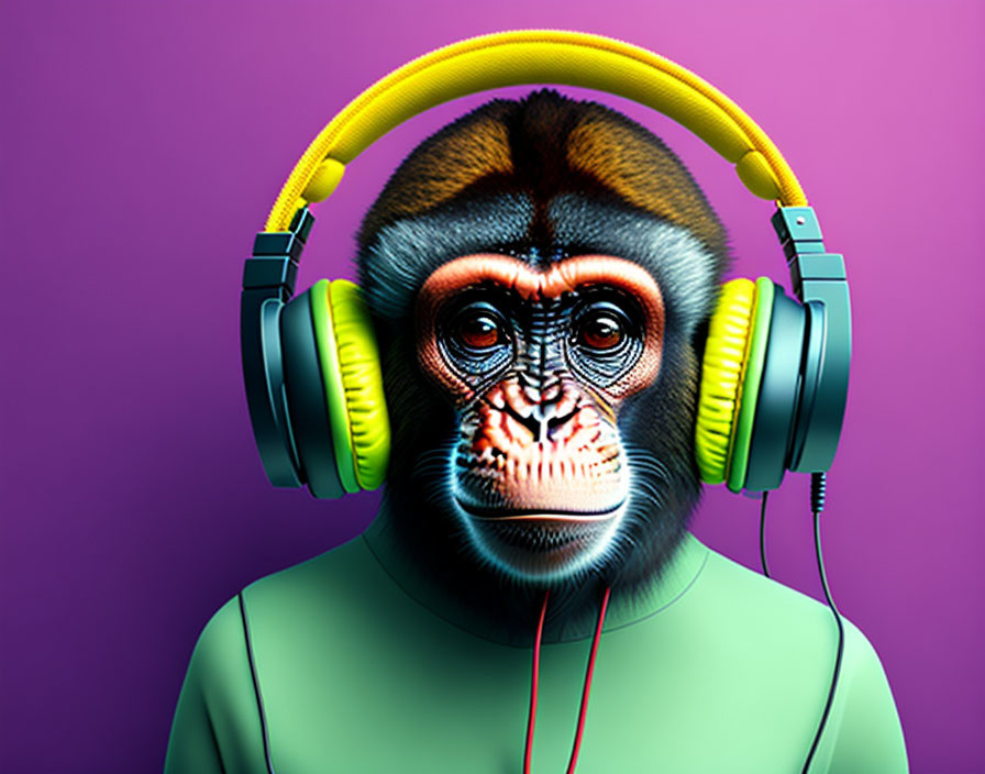 Monkey in Headphones and Turtleneck on Purple Gradient Background