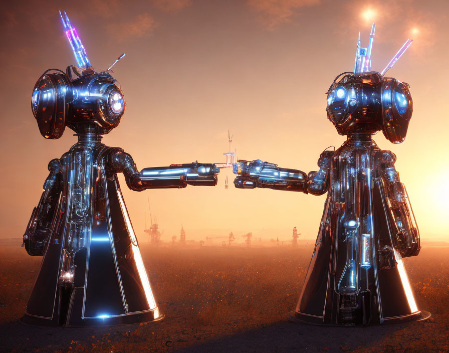 Humanoid robots touch fingers in desert with cosmic sunset backdrop